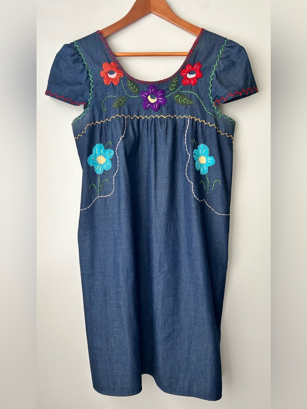 Embroidered Navy Denim Midi Dress with Multicolor Floral Accents